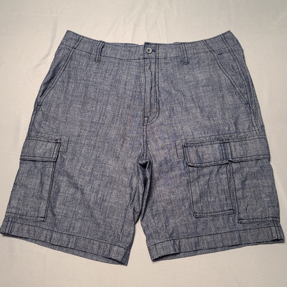 Nautica Cargo Shorts Mens 32 Blue Chambray Cotton Utility Pockets Summer Casual